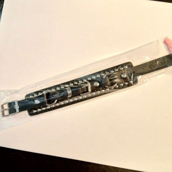 Set of 3 Black Faux Leather Stainless Steel Spikes Chains Bracelets Men Women - Picture 3 of 6